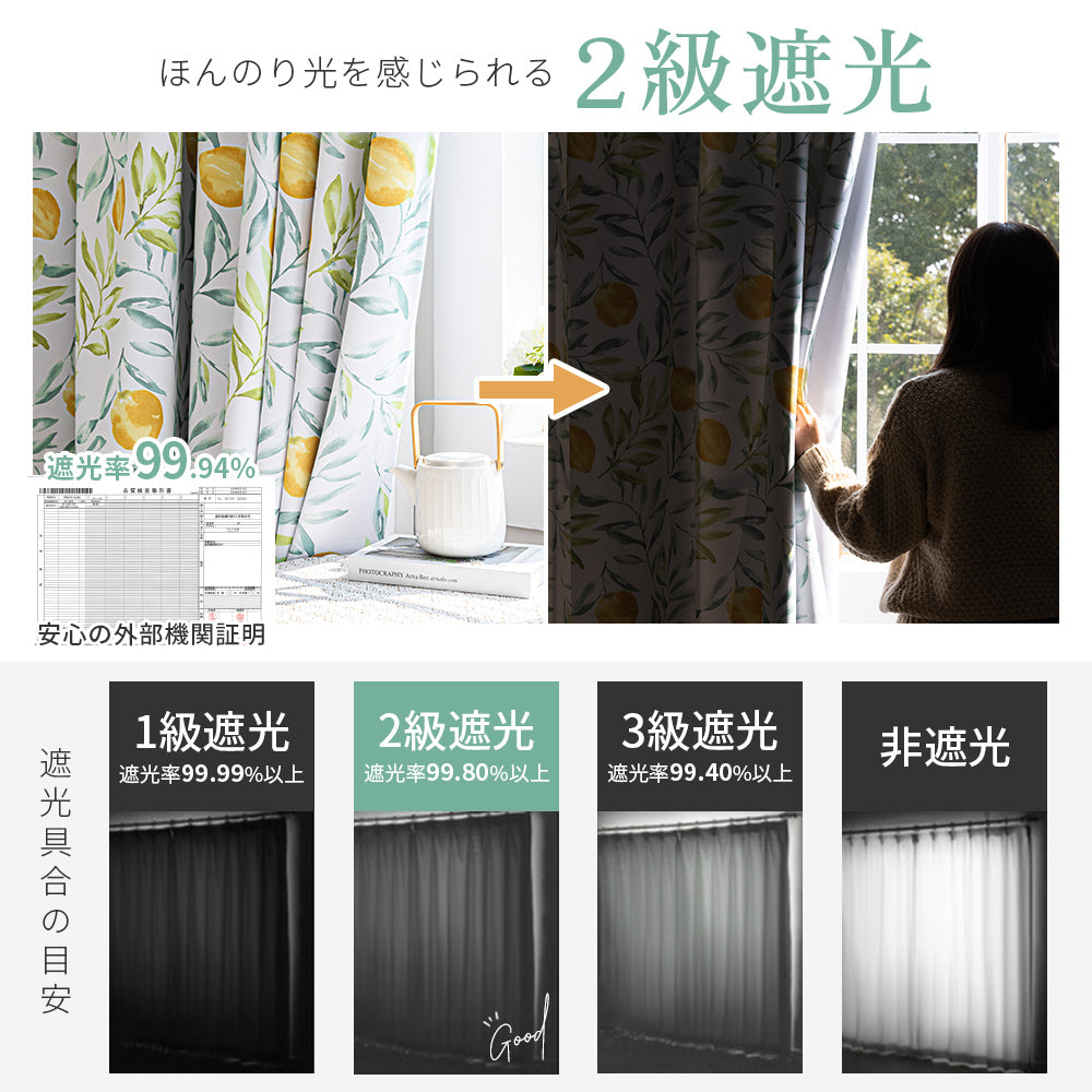 AZRA  遮光カーテン レース付 2級 100cm幅  北欧  厚手  子供部屋 レモン柄 水玉 水彩 リーフ柄 葉っぱ柄